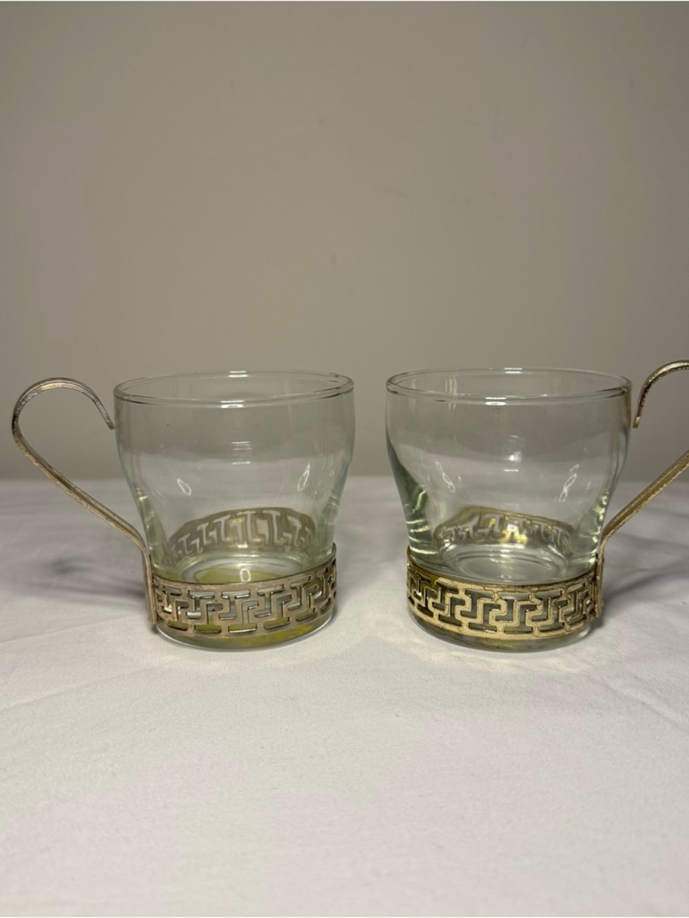 Libbey Continental glasses removable metal caddy Greek Key pattern MCM Vintage.